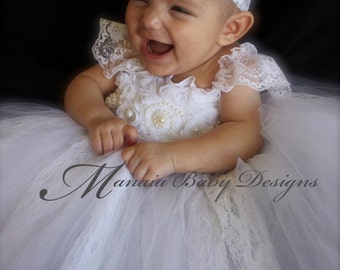 Baby Christening Dress /Baby Baptism Dress/ Blessing Dress / Flower Girl Dress / Infant White Tutu Dress