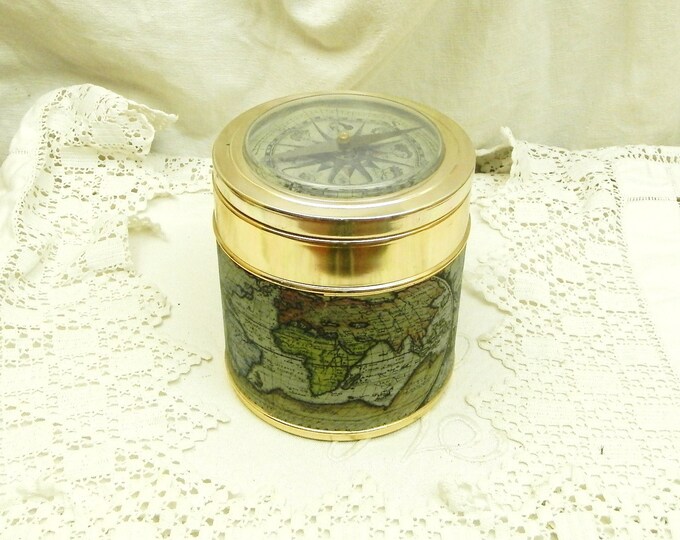 Vintage French Mid Century Ice Bucket and Lid with a Medieval Map of the World and a Compass on the Lid / Mid Century Decor / Retro Interior