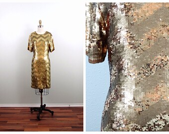 VTG Gold Sequin Dress • Gold Sequined Bridesmaid Dress • Gold Mini Dress • Golden Chevron Deco Dress
