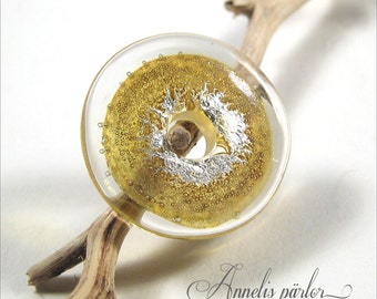 Handmade lampwork glass bead. Clear and silver with gold shimmer focal disc bead, Artisan, SRA