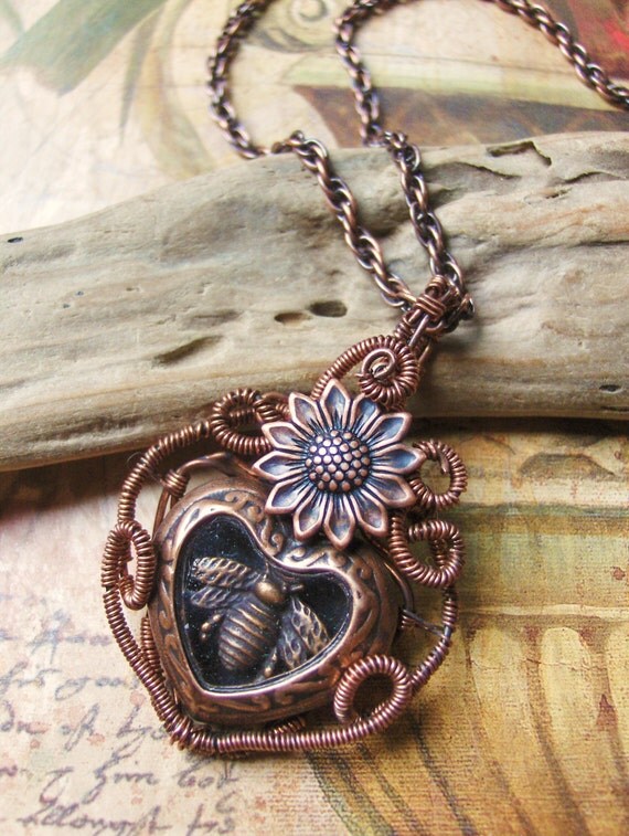 Wire Wrapped Heart Bee and Sunflower Necklace
