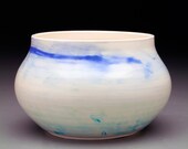 Watercolor, Asian Inspired Cobalt Blue & Teal Splashed White Porcelain Serving Bowl, High Top for Ladle Hook, Smooth Interior, Trimmed Foot