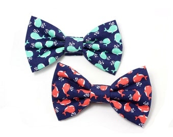 Navy Dog Bow Tie Whale Dog Bow Tie Coral Beach Coastal Aqua Summer Nautical Bowtie - Willy