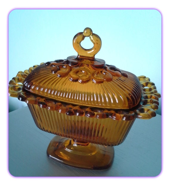 Vintage Indiana Amber Glass Candy Dish With Lid Compote Amber Glass Footed Compote With Lid Mid