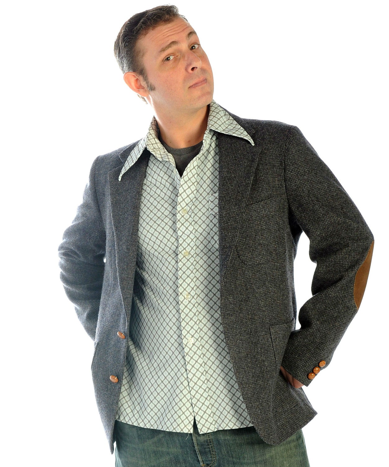 RESERVED Tailored Tweed Suede Elbow Patch Blazer Professor