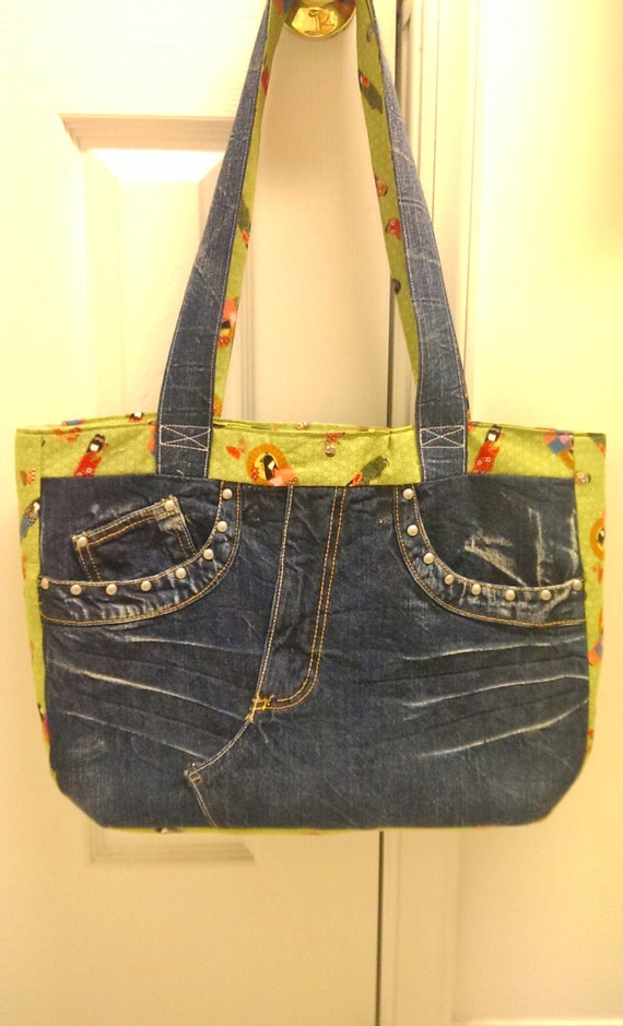 Upecycled Jeans Tote bag Japanese Kimono pattern by MeggyMart