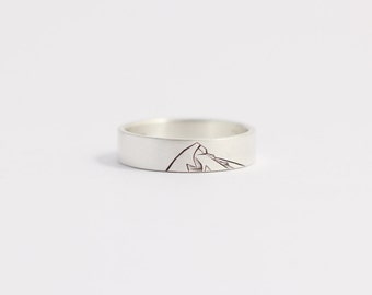 Unique Wedding Band, Engagement Ring with Mountain in Recycled Sterling Silver 4mm