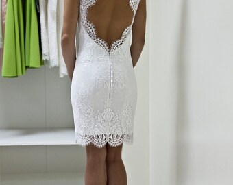 Wedding Lace Dress with Scalloped Keyhole, Custom Made Tea Length Wedding Dress, Short Wedding Dress, Reception Dress