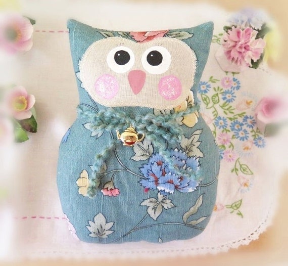 OWL Pillow Doll 9 inch Soft Sculpture Owl AQUA by CharlotteStyle