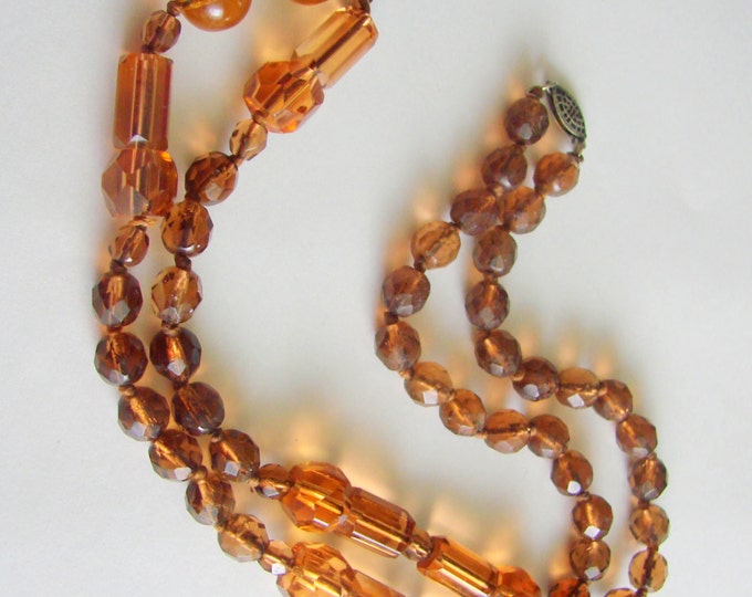 Art Deco Amber Glass Bead Necklace / Designer Signed / Faceted / 30s Vintage Jewelry