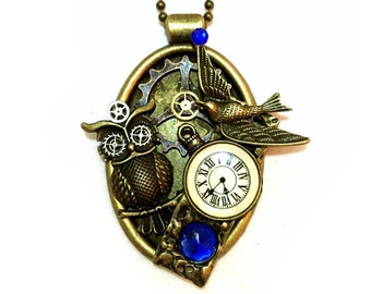 Steampunk Necklace, Owl Necklace, Steampunk Jewelry Steampunk Owl, Oval Collage Pendant, Blue, Clock, Vintage Watch Parts, Bird, Steam punk
