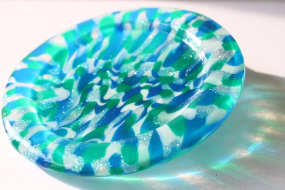 Jewelry Dish in Blue Green Swirls・Modern Art in Glass・Ring Holder Dish・Fused Glass Look・Christmas Gifts・Stocking Fillers・Contemporary Glass