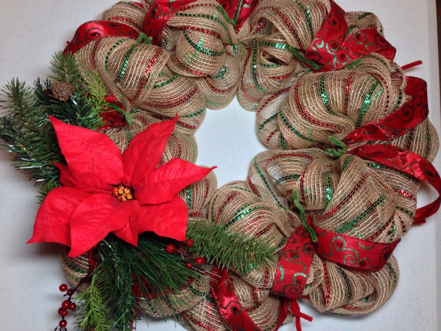 Burlap Deco Mesh Basic Holiday Wreath with Pine and Poinsettia Floral Picks