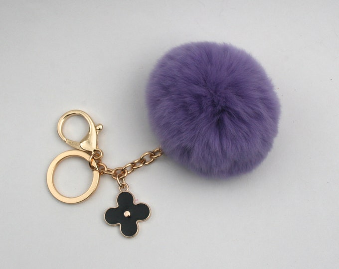 Pom-Perfect Purple REX Rabbit fur pom pom ball with black flower keychain