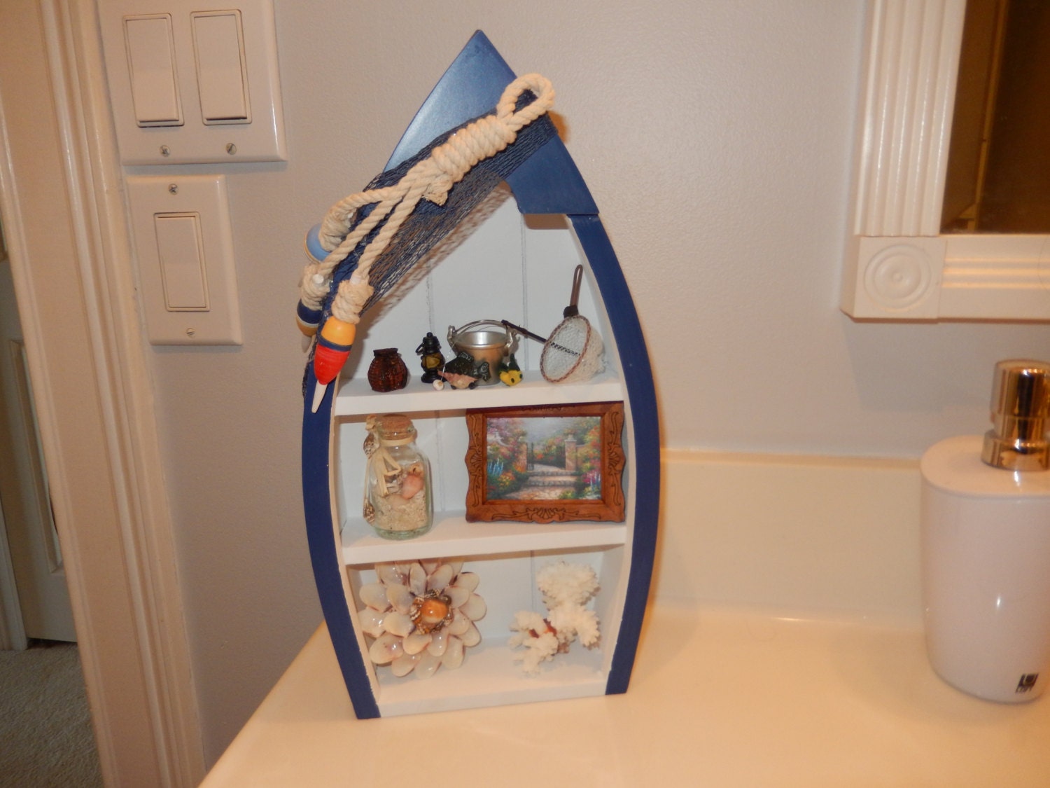 Boat Shelf with Fishing and Nautical Decor by UniqueTerrarium