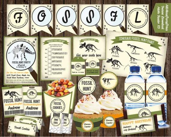 PDF format-Instant Download- Dinosaur Fossil Birthday Party Pack Printable- Digital PDF files- self personalise using Adobe Reader XI