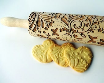 SPRING Embossing Rolling Pin. FLOWERS pattern. Engraved rolling pin with flowers and butterflies for embossed cookies. Pottery