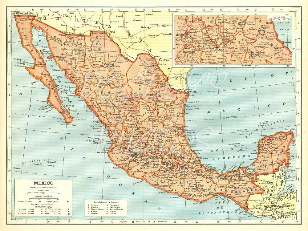 vintage 1940 map of mexico instant digital download
