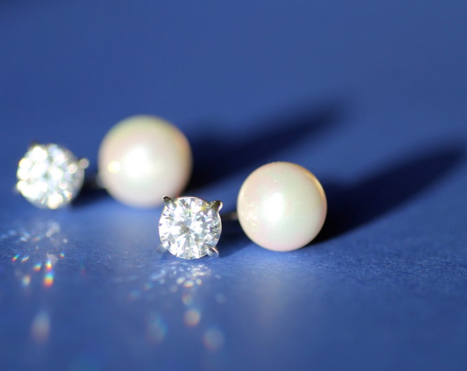 Pearl earrings Cubic zirconia earring White pearl Gold earring Silver earring Gift for her