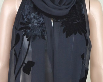 Black silk scarf, silk scarves, flowers flocking scarf, shawl
