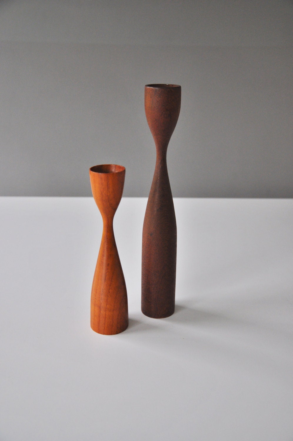 Danish Teak Wood Candle Holders Mid Century Modern Vintage