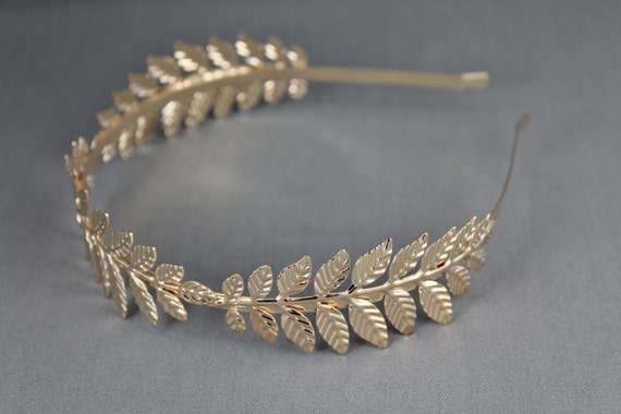 Gold leaf headband laurel crown leaves shiny metal thin skinny