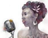 Jazz singer - original watercolor painting. Portrait of an african american woman, unique gift for jazz music lovers. Watercolour picture.