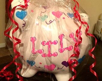 girls hearts handpainted piggy bank personalized with name