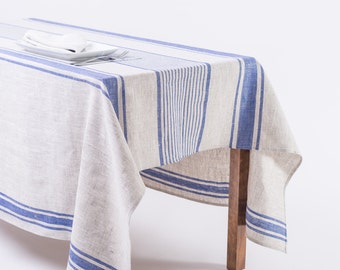 Linen Tablecloth, blue linen, Natural grey tablecloth with blue stripes, provance table cover summer cover, striped linen
