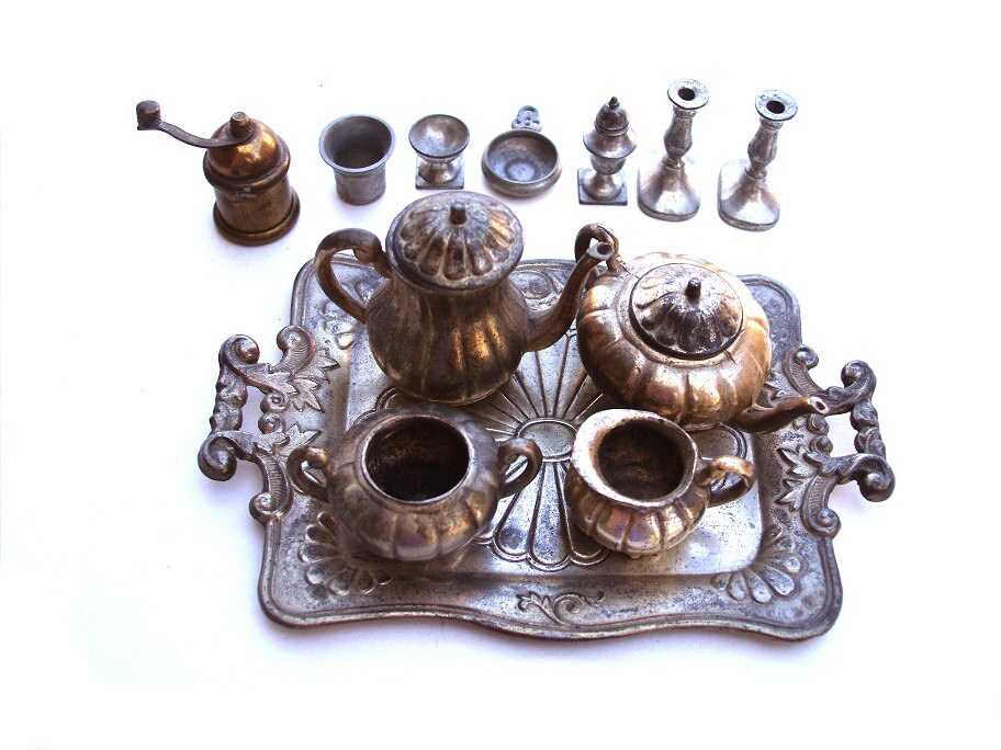 Vintage metal tea set, miniature 1940s tea service made in occupied