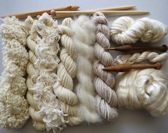 Yarn pack for knitting, crochet, weaving or felting. Wool, silk and kid mohair - Natural.