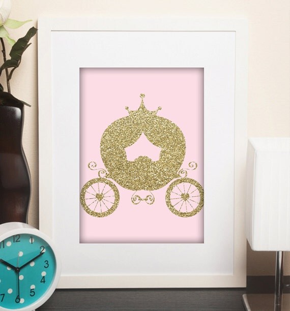 Girls Princess Carriage Glitter Gold and by LittlePrintsPosters