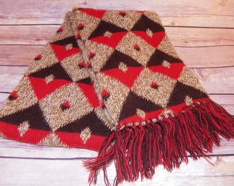 Vintage Scarf Brown Orange Diamond Pattern Fringed