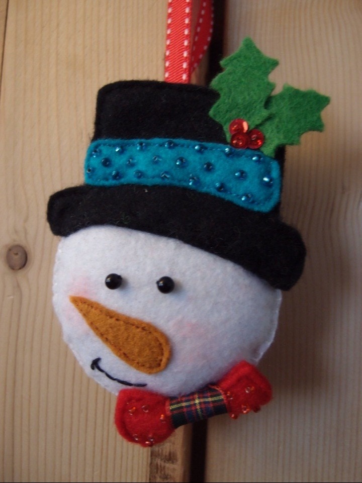 Handmade felt snowman beaded christmas hanging tree decoration