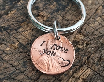 I love you keychain, penny key chain, lucky penny key ring, hand stamped, penny cham keychain, boyfriend, girlfriend, personalized key chain