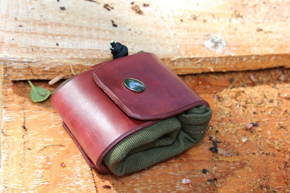 Leather and Waxed Cloth Canvas Bushcraft Forager with A Bird