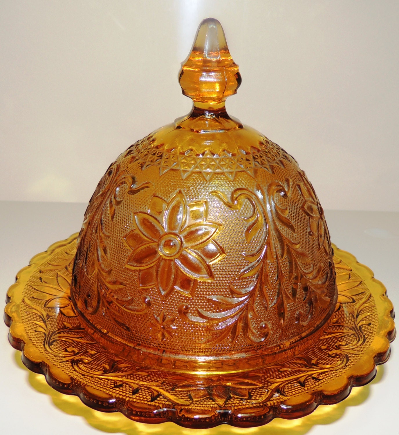 Vintage Tiara Amber sandwich glass butter dish with dome lid