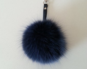 Real Navy Fox Fur Keychain Keyring pompom with genuine leather strap, silver or gold tone hardware.