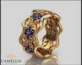 14K Yellow Gold Blue Sapphire Ring, Butterfly Ring,Gemstone Eternity Ring,Unique Ring,Camellia Jewelry,Birdal Jewelry,Nature inspired Ring.