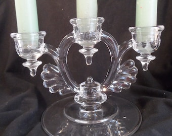 Candelabra-New Martinsville Glass Moondrops Pattern-Trident Candle Holder- Antique