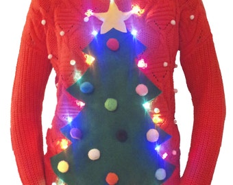 Light up Christmas Tree Jumper, 20 LED lights, static on/off or ...
