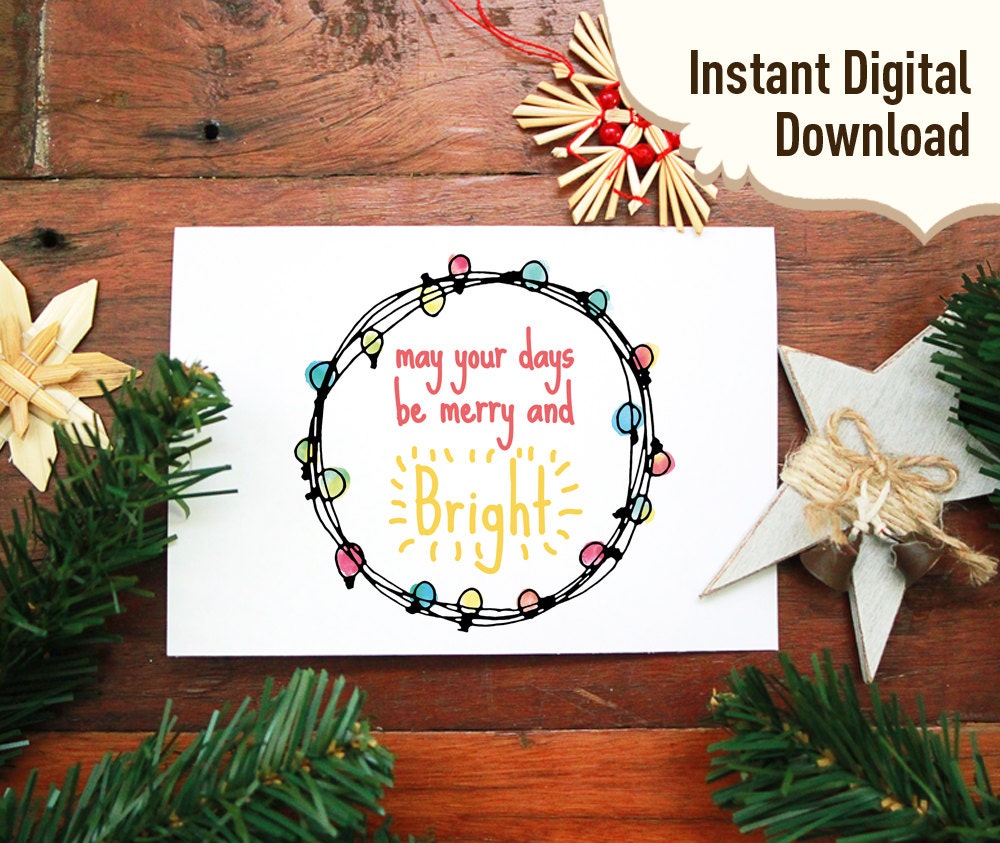 Christmas Card, Download and Printable, Merry and Bright, lights wreath, illustration. cute, modern. DIY