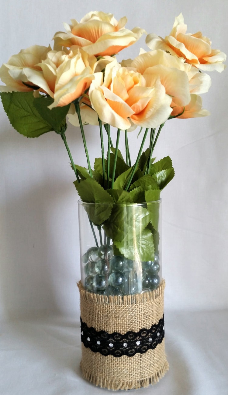 Wedding Rustic Flower Vase/Burlap Flower by DMRusticDecor on Etsy