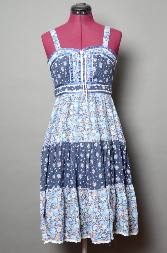 Bohemian Dress 90s Grunge Hippie Floral Blue Summer 1990s