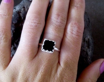 SALE! Black Onyx Ring,Gemstone Band,Lace Ring,Sterling Silver Ring ,Square Band,Prong Set,Onyx Jewelry