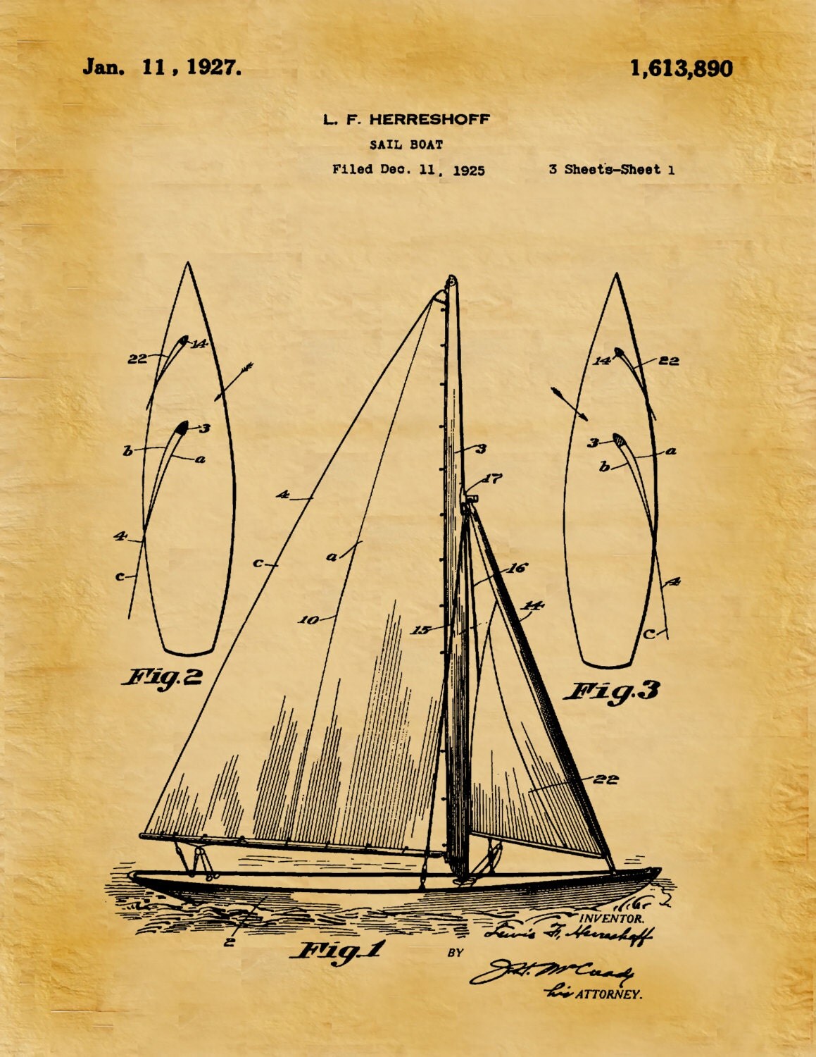 Patent 1927 Sailboat Lewis Herreshoff - Art Print Poster - Boat - Ship ...