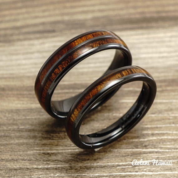 Wedding Ring Set - Black Ceramic Ring with Koa Wood Inlay (8mm  4mm ...