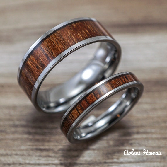 Wedding Band Set of Tungsten Rings with Hawaiian Koa Wood Inlay (4mm ...