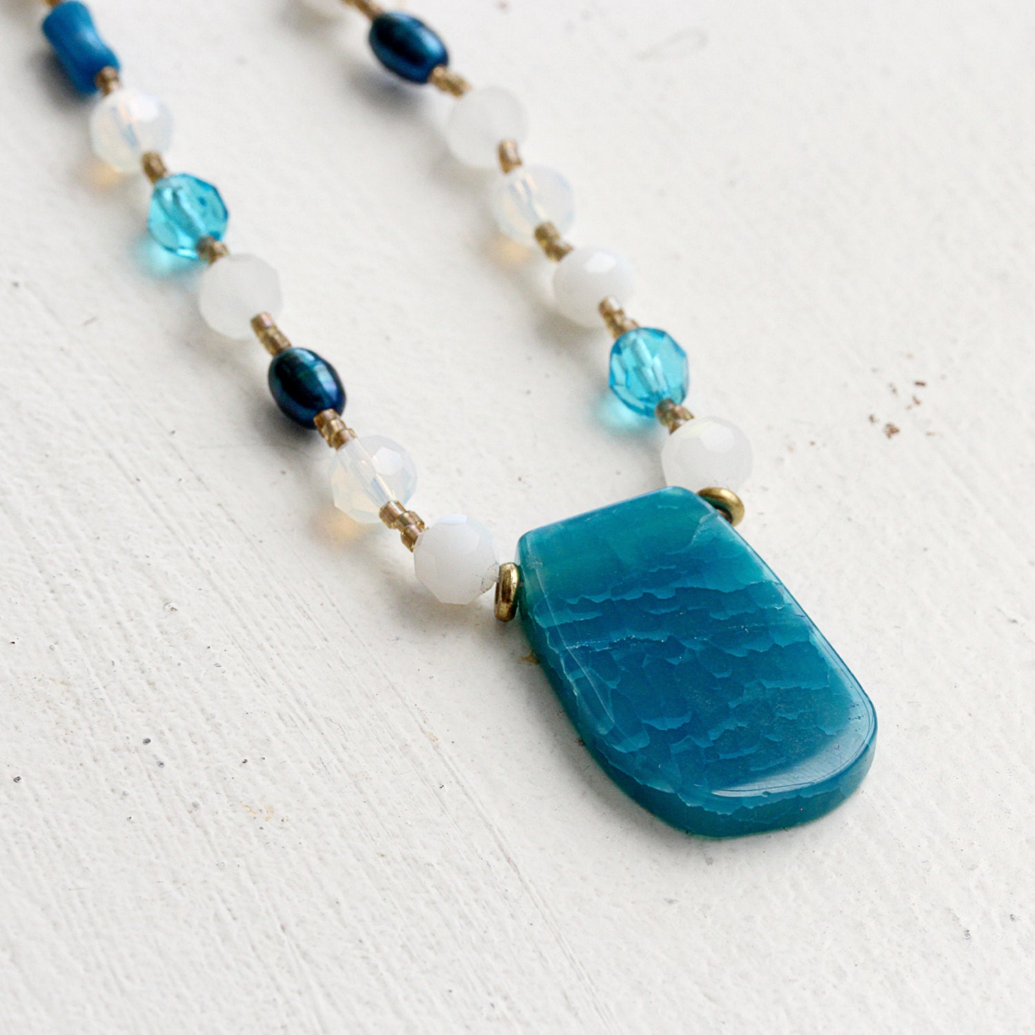 Blue Agate Stone Pendant Coral Pearl White Opal by YuniDesigns