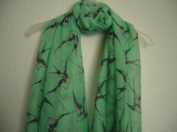 Green Bird scarf, Bird scarf, Multi Colour Scarf, Green Scarf, Spring Summer Scarf, For Her